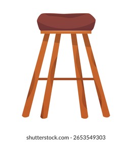 Banqueta de madeira com almofada marrom macia e pernas longas. Assento retro confortável para decoração de casa. Ilustração plana vetorial. Plano de fundo isolado. Estilo de desenho animado. Ícone. Minimalismo.