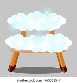 Wooden stool upholstered in clouds isolated on grey background. The highest degree of comfort. Vector cartoon close-up illustration.
