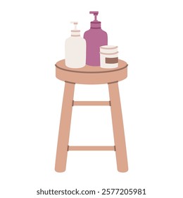 A wooden stool with various bathroom toiletries. Perfect for bathroom decor and spa designs.