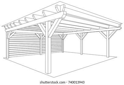 Proyecto de espacio de almacenamiento de madera para el jardín. Un tipo de cobertizo o garaje. Ilustración vectorial. 