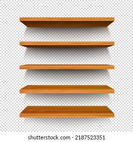 Wooden store shelf on transparent background. Vector realistic empty wall shelves, bookshelves and display racks with 3d wood boards and shadows. Furniture for book shop, home and office interior