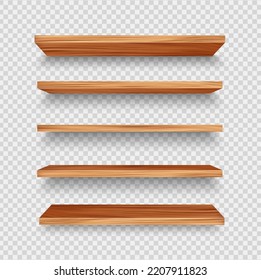 Wooden store shelf, realistic 3D shelves of wood on vector transparent wall background. Front view of empty wood bookshelf or shop product wooden rack, library stand and home interior books shelf