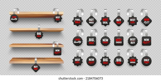 Wooden store shelves with supermarket promotional wobblers. Product shelf and advertising wobbler. Grocery wall rack. Sale or discount label, special offer price tag. Vector illustration