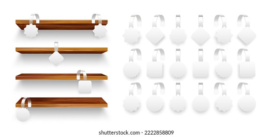 Wooden store shelves with supermarket promotional wobblers. Product shelf and advertising wobbler. Grocery wall rack. Sale or discount label, special offer price tag. Vector illustration