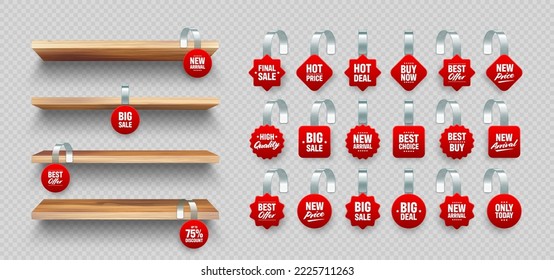 Wooden store shelves with supermarket promotional wobblers. Product shelf and advertising wobbler. Grocery wall rack. Sale or discount label, special offer price tag. Vector illustration