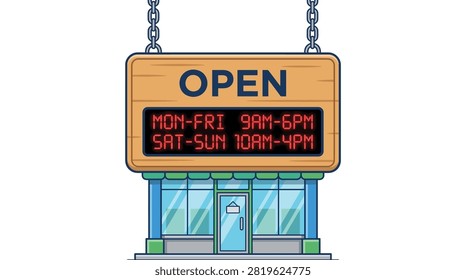 A wooden storefront sign with bold blue 'OPEN' text hangs from chains above a shop facade. Below the text, a red digital display shows operating hours for weekdays and weekends.