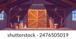 Wooden storehouse interior background banner for game design. Storage room inside with big closed gates, windows, hanging lamps, boxes, canister, old cloth, ladder, other. Vector cartoon illustration