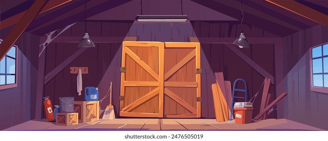 Wooden storehouse interior background banner for game design. Storage room inside with big closed gates, windows, hanging lamps, boxes, canister, old cloth, ladder, other. Vector cartoon illustration