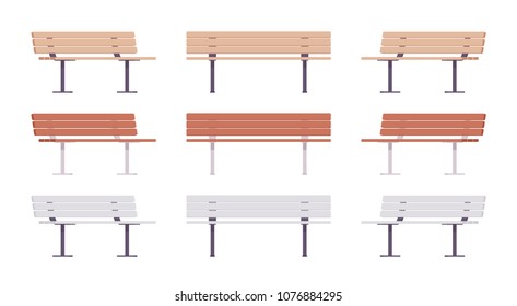 Wooden street bench set. Comfortable long seat for several people, state public park or garden relax element. Landscape architecture and urban design concept. Vector flat style cartoon illustration