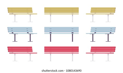 Wooden street bench set. Comfortable long seat for several people, state public park or garden relax element. Landscape architecture and urban design concept. Vector flat style cartoon illustration