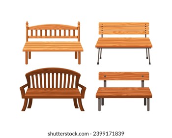 Wooden Street Benches Isolated Set. Outdoor Seating Units Made Of Durable Wood, Providing Public Resting Spots