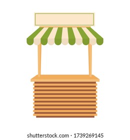 Wooden street market stall, fair booth. Store kiosk with striped awning. Isolated on white background. Cartoon vector illustration.