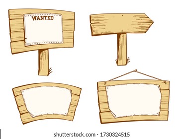 Wooden street signs. Vector set of vintage wood boards with old paper for text isolated on white