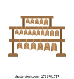 A wooden structure holding multiple rows of hanging bells, each with a cute, smiling face.