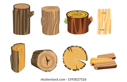 Wooden Stubs and Logs Vector Set. Firewood and Crust Isolated on White Background