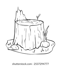 A Wooden Stump Carefully Surrounded by Various Elements of Nature and Its Components. Vector sketch. tourism