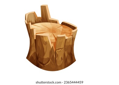 Wooden stump forest tree trunk with roots, cut section in cartoon style isolated. Plant detailed. 