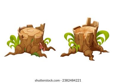 Wooden stump forest tree trunk with roots, grass and moss, cut section in cartoon style isolated. Plant detailed. 