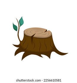 Wooden stump with rings and a branch with leaves. Vector illustration isolated on white background. Cartoon.