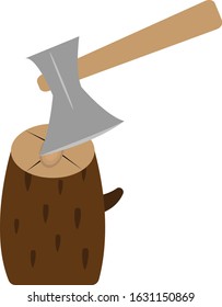Wooden stump and sharp ax concept of building materials and woodworking objects on a white background