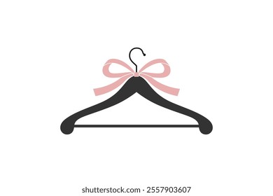 Wooden stylish clothes hanger in exquisite retro style with crossbar for trousers and pink tied bow. Vector cute logo in black on white isolated background for children's and women's clothing store.