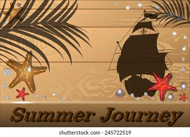 Wooden summer background with seashells, starfish, ship, and the shadow of palm trees.