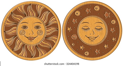 Wooden sun and moon.