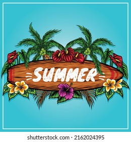 wooden surf board that says summer with tropical plants vector illustration