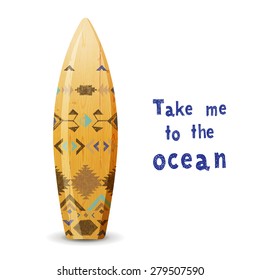 wooden surf board with tribal ornament
