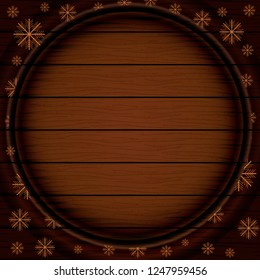 Wooden surface. Wooden board. Box. Snowflakes decor. Vector art.