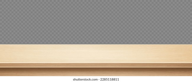 Wooden surface of desk isolated on transparent background. Kitchen top made of timber board. Light wooden tabletop. Realistic vector illustration