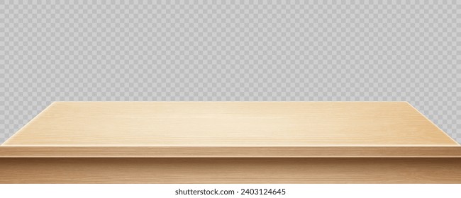 Wooden surface of desk isolated on transparent background. Kitchen top made of timber board. Light wooden tabletop. Realistic vector illustration
