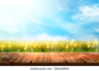 Wooden surface with farm background and bright sunny sky in 3d illustration. Stage to display your a product for advertisement.