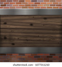 Wooden surface on the background of a brick wall.