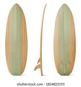 Wooden surfboard front, side and back view. Vector realistic mockup of wood board for summer beach activity, surfing on sea waves. Leisure sport equipment isolated on white background