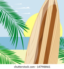 wooden surfboard on beach background, vector format very easy to edit, no gradients, only solid colors