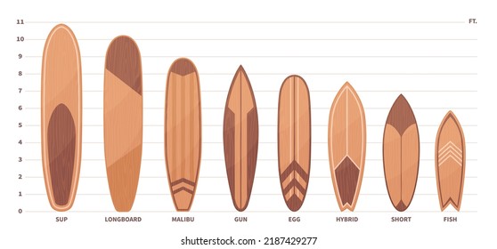 Wooden surfboard types. Different boards kinds, Sup, longboard and hybrid, wave catchers, ocean and sea summer sport lifestyle, dimensional grid, front view elements, nowaday vector set