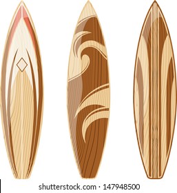 wooden surfboards isolated on white background, vector format very easy to edit, no gradients, only solid colors