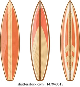 wooden surfboards isolated on white background, vector format very easy to edit, no gradients, only solid colors