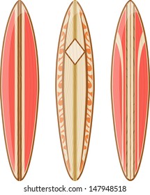 wooden surfboards isolated on white background, vector format very easy to edit, no gradients, only solid colors