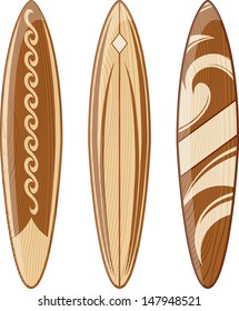 wooden surfboards isolated on white background, vector format very easy to edit, no gradients, only solid colors