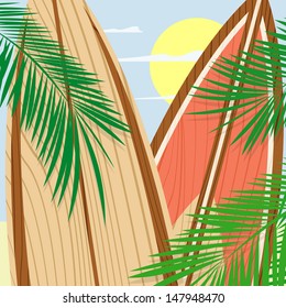 wooden surfboards and palms, vector format very easy to edit, individual objects