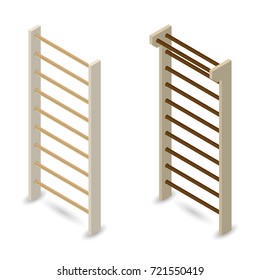 Wooden Swedish wall, isolated on white background. Design elements sports equipment. Flat 3d isometric style, vector illustration.