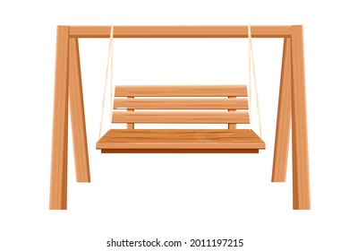 Wooden swing backyard furniture, hanging bench in cartoon style isolated on white background. Rural comfortable seat. Garden, park decoration.