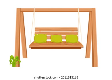 Wooden swing backyard furniture, hanging bench in cartoon style isolated on white background. Rural comfortable seat. Garden, park decoration.