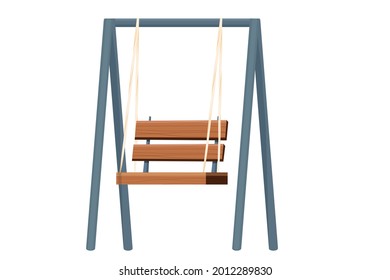 Wooden swing backyard furniture, hanging bench in cartoon style isolated on white background. Rural comfortable seat. Garden, park decoration.
