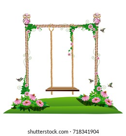 A wooden swing in the garden. Isolated Vector Illustration.