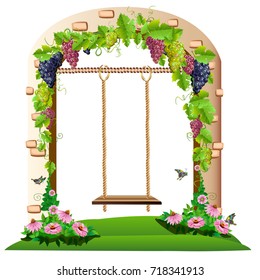 A wooden swing in the garden. Isolated Vector Illustration.