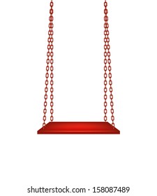 Wooden swing hanging on red chains