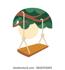 Wooden swing hanging from a tree branch with a large full moon in the background, flat for nature, and relaxation concept